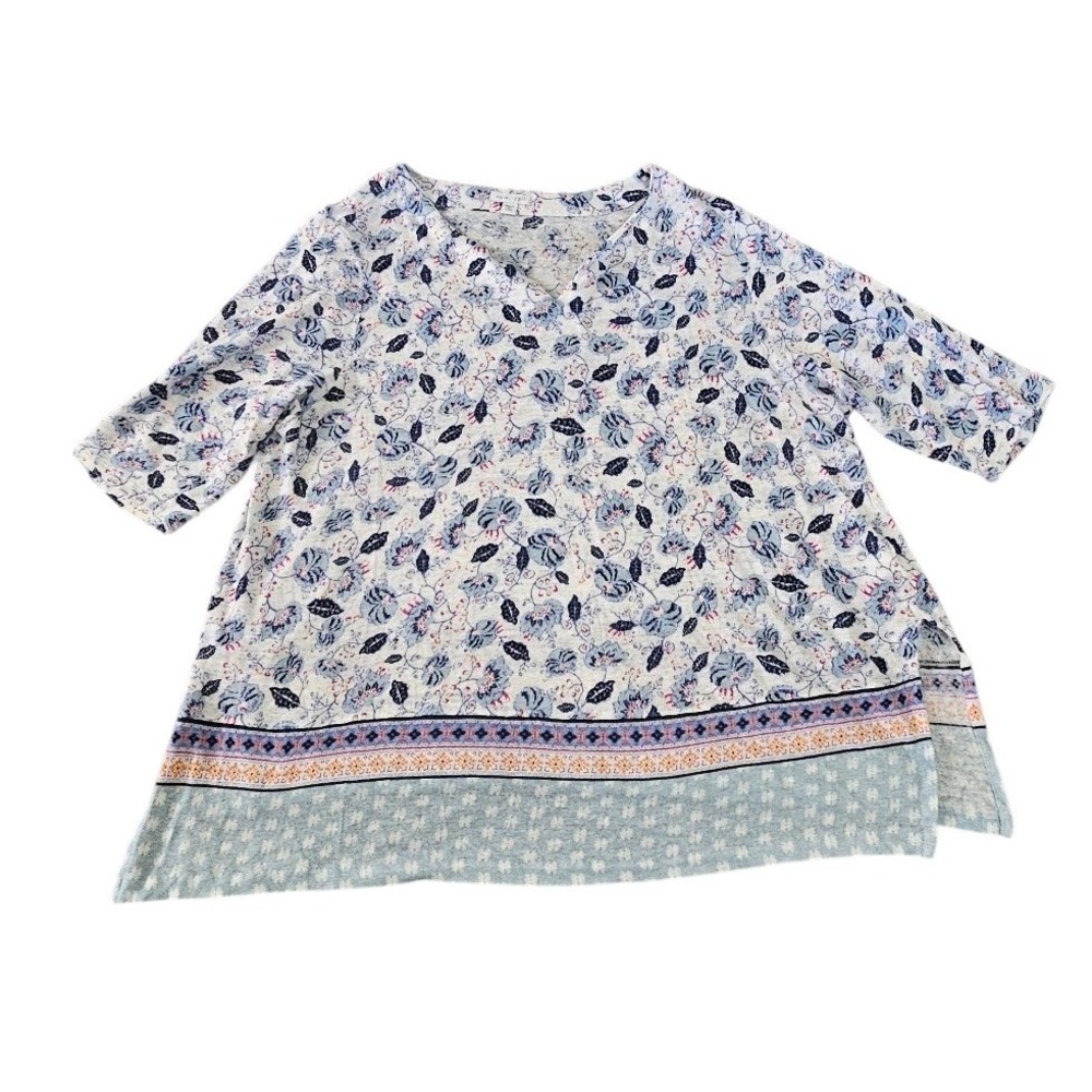 J. Jill Love Linen Floral V-Neck Tunic Top Blue White XL Petite 100% Linen